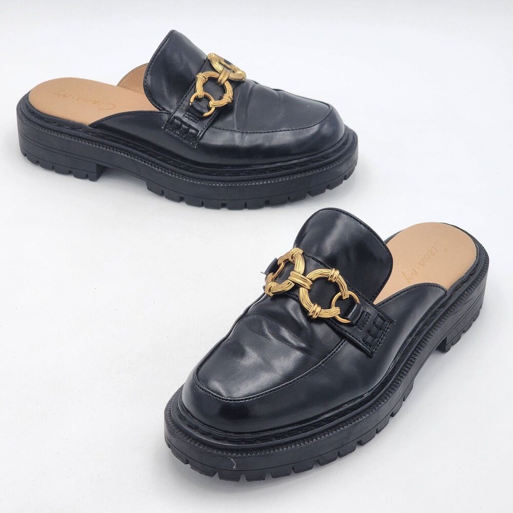 Circus Sam Edelman Elena Chunky Platform Loafer Mules Gold Link Black Size 8.5